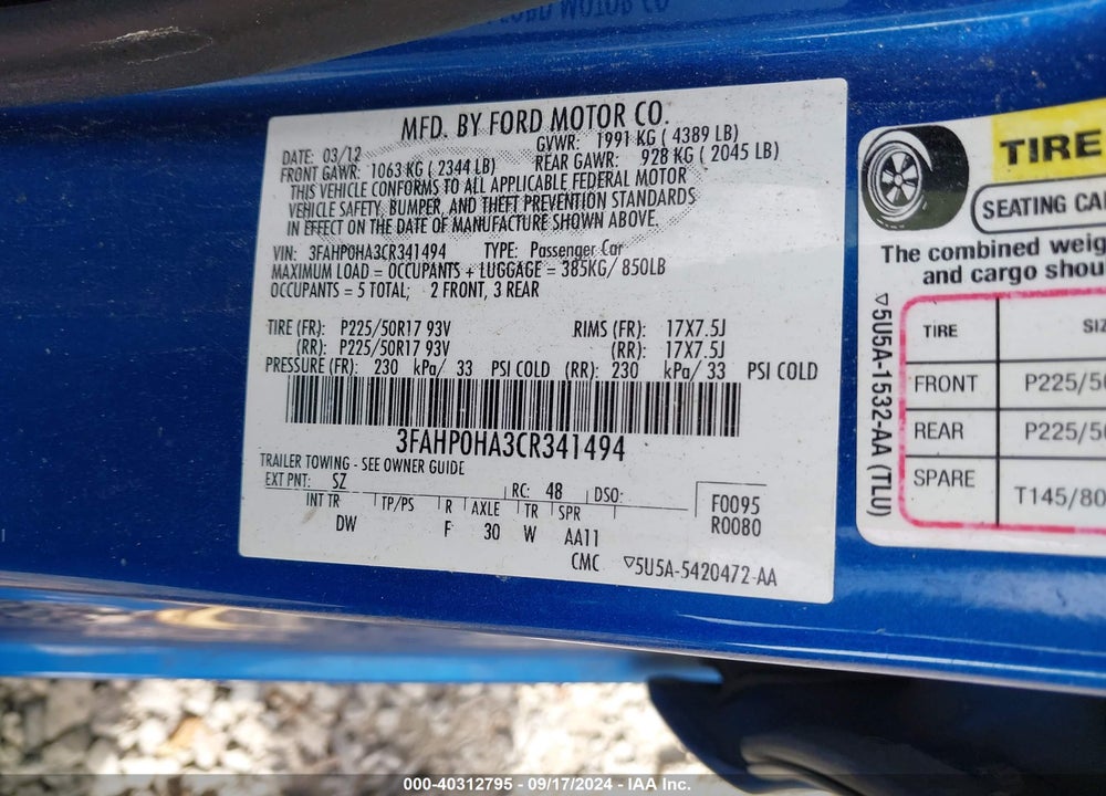 2012 FORD FUSION SE VIN: 3FAHP0HA3CR341494