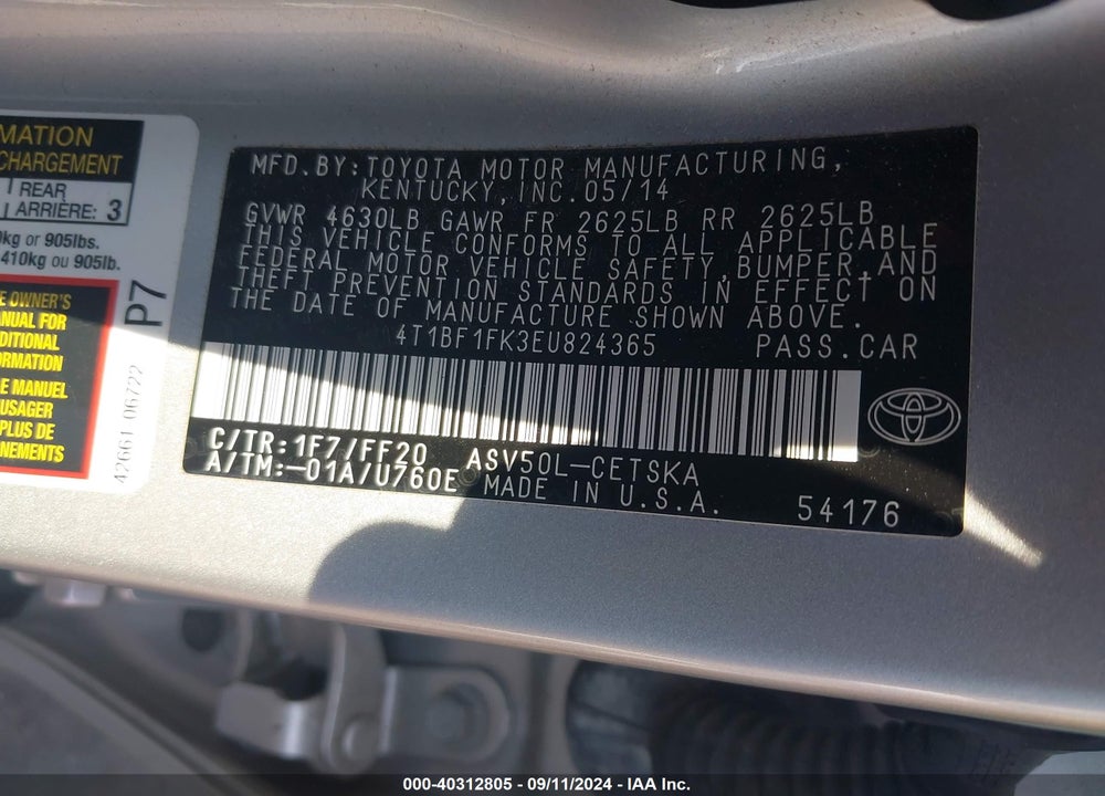 2014 TOYOTA CAMRY SE VIN: 4T1BF1FK3EU824365