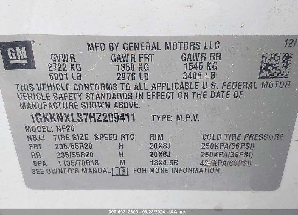 2017 GMC ACADIA DENALI VIN: 1GKKNXLS7HZ209411