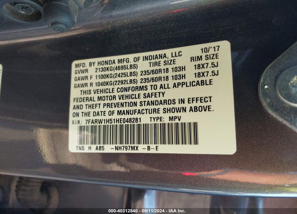 2017 HONDA CR-V EX VIN: 7FARW1H51HE048281