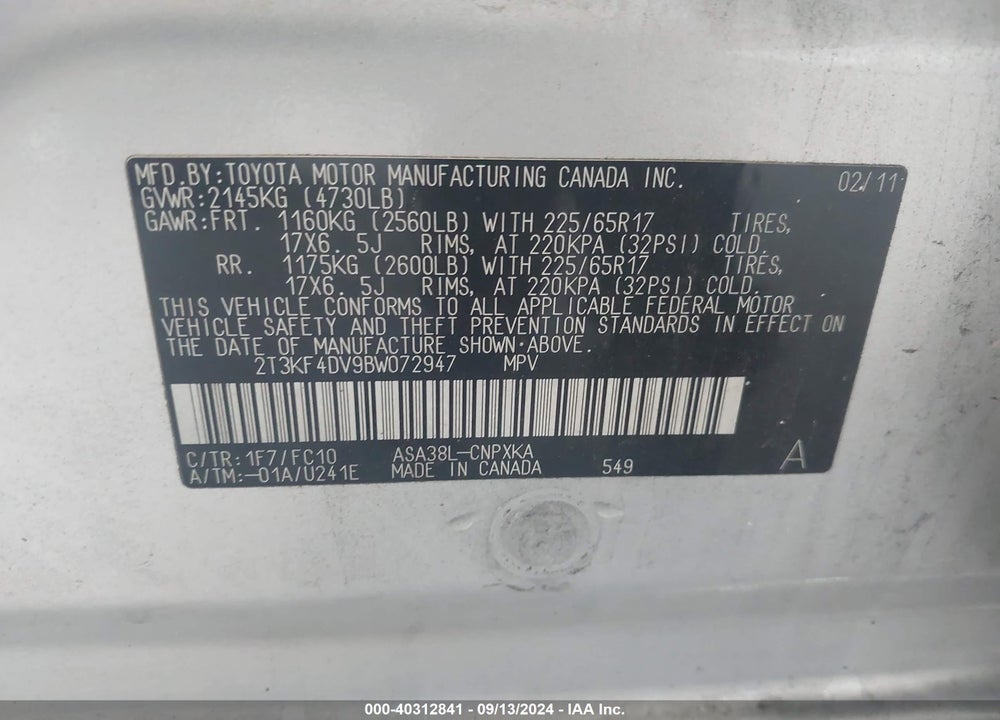 2011 TOYOTA RAV4 BASE (A4) VIN: 2T3KF4DV9BW072947