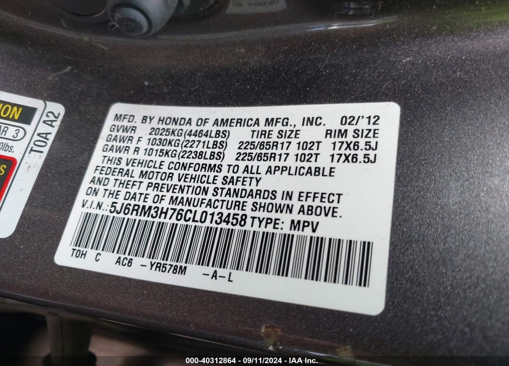 2012 HONDA CR-V EX-L VIN: 5J6RM3H76CL013458
