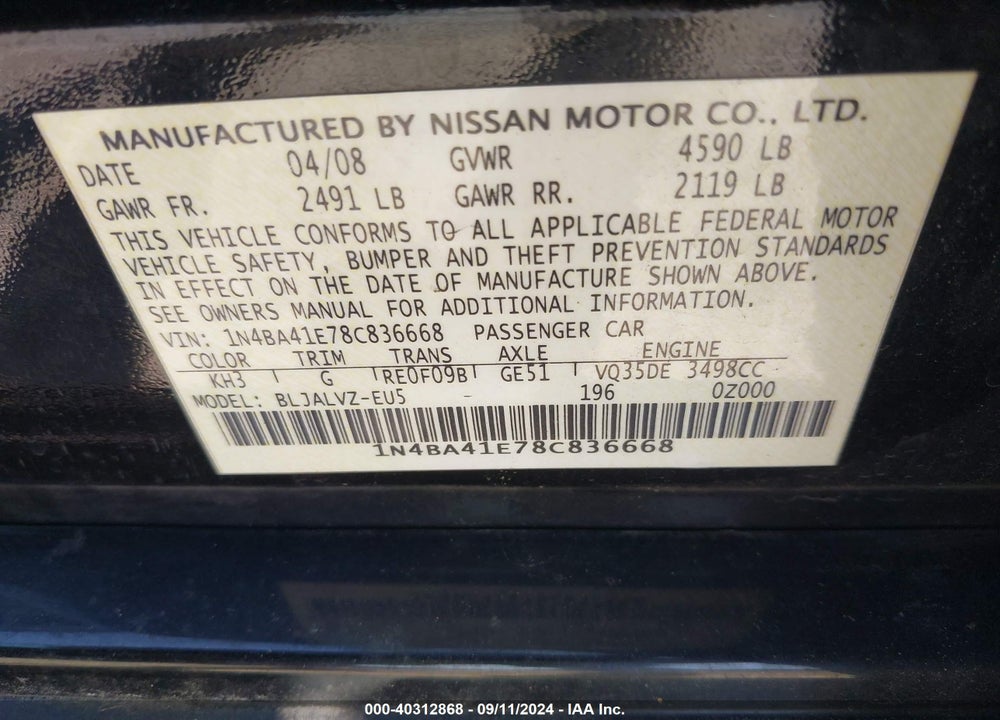 2008 NISSAN MAXIMA 3.5 SE VIN: 1N4BA41E78C836668