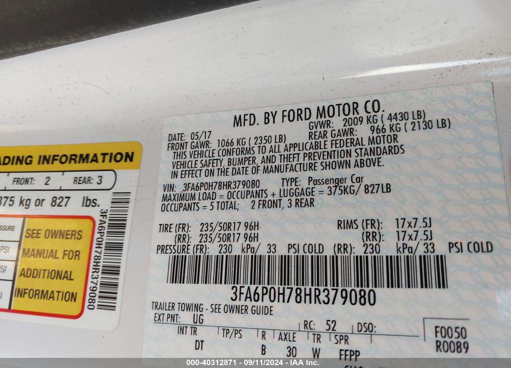 2017 FORD FUSION SE VIN: 3FA6P0H78HR379080