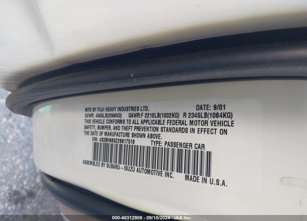 2002 SUBARU OUTBACK VIN: 4S3BH665226617519