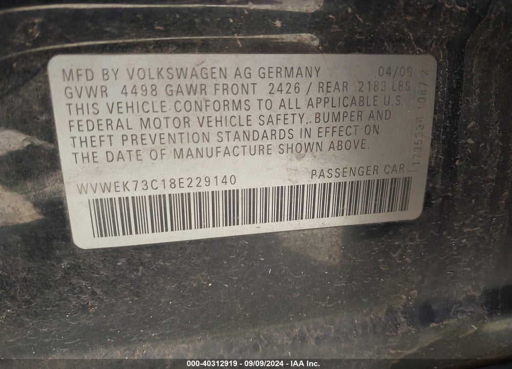 2008 VOLKSWAGEN PASSAT LUX VIN: WVWEK73C18E229140