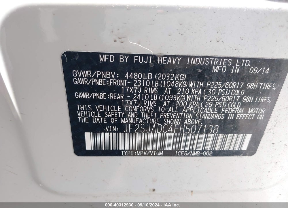 2015 SUBARU FORESTER 2.5I PREMIUM VIN: JF2SJADC4FH507138