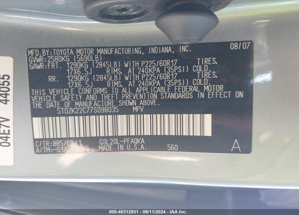 2007 TOYOTA SIENNA XLE VIN: 5TDZK22C77S098035