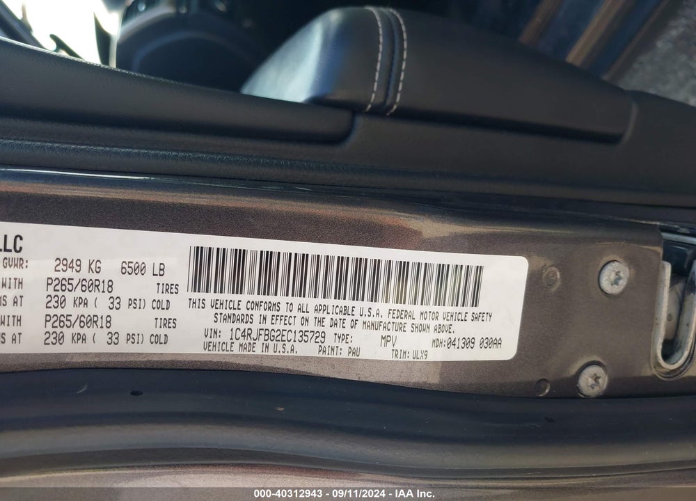 2014 JEEP GRAND CHEROKEE LIMITED VIN: 1C4RJFBG2EC135729