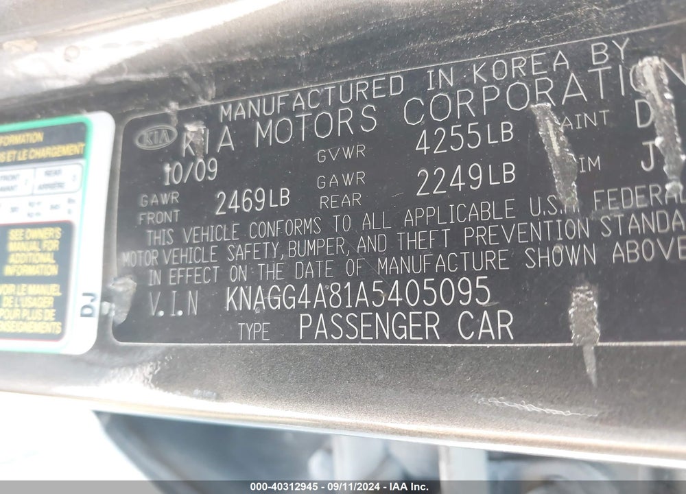 2010 KIA OPTIMA LX VIN: KNAGG4A81A5405095