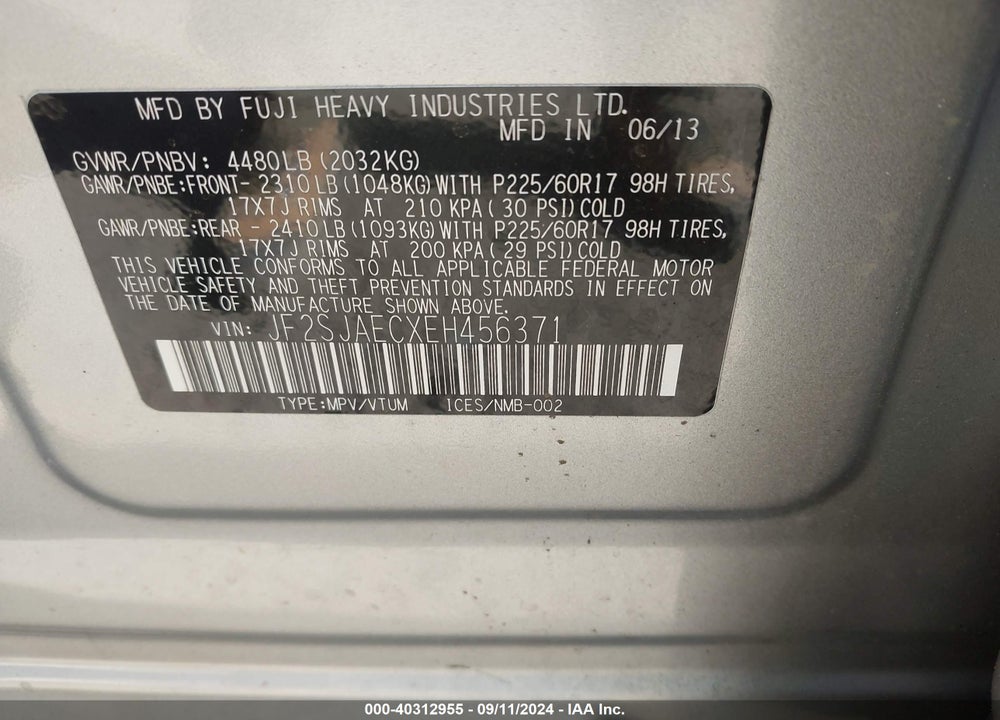 2014 SUBARU FORESTER 2.5I PREMIUM VIN: JF2SJAECXEH456371