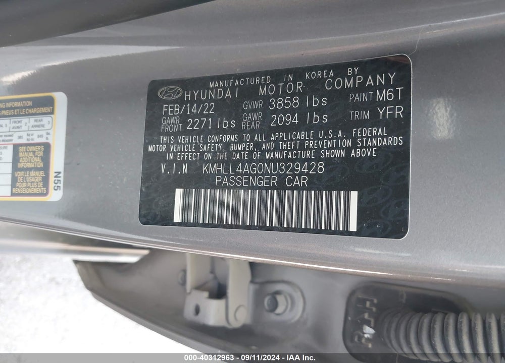 2022 HYUNDAI ELANTRA SE VIN: KMHLL4AG0NU329428