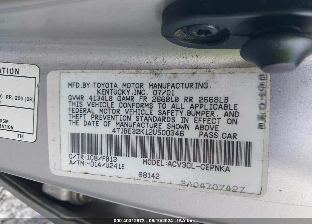 2002 TOYOTA CAMRY LE VIN: 4T1BE32K12U500346