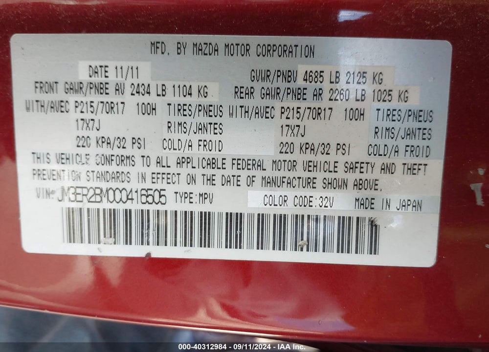 2012 MAZDA CX-7 I SPORT VIN: JM3ER2BM0C0416505