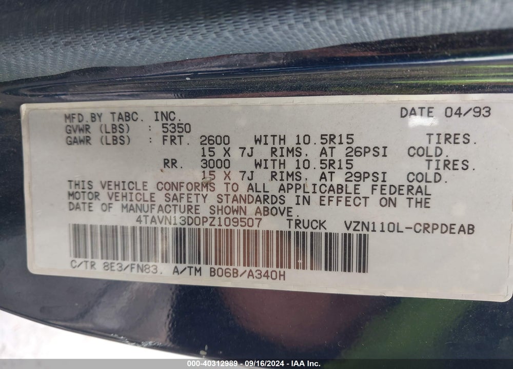 1993 TOYOTA PICKUP 1/2 TON EX LONG WHLBSE DX VIN: 4TAVN13D0PZ109507