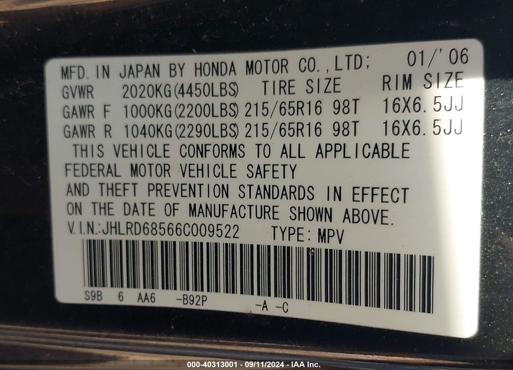 2006 HONDA CR-V LX VIN: JHLRD68566C009522