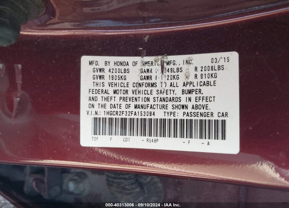 2015 HONDA ACCORD LX VIN: 1HGCR2F32FA153094