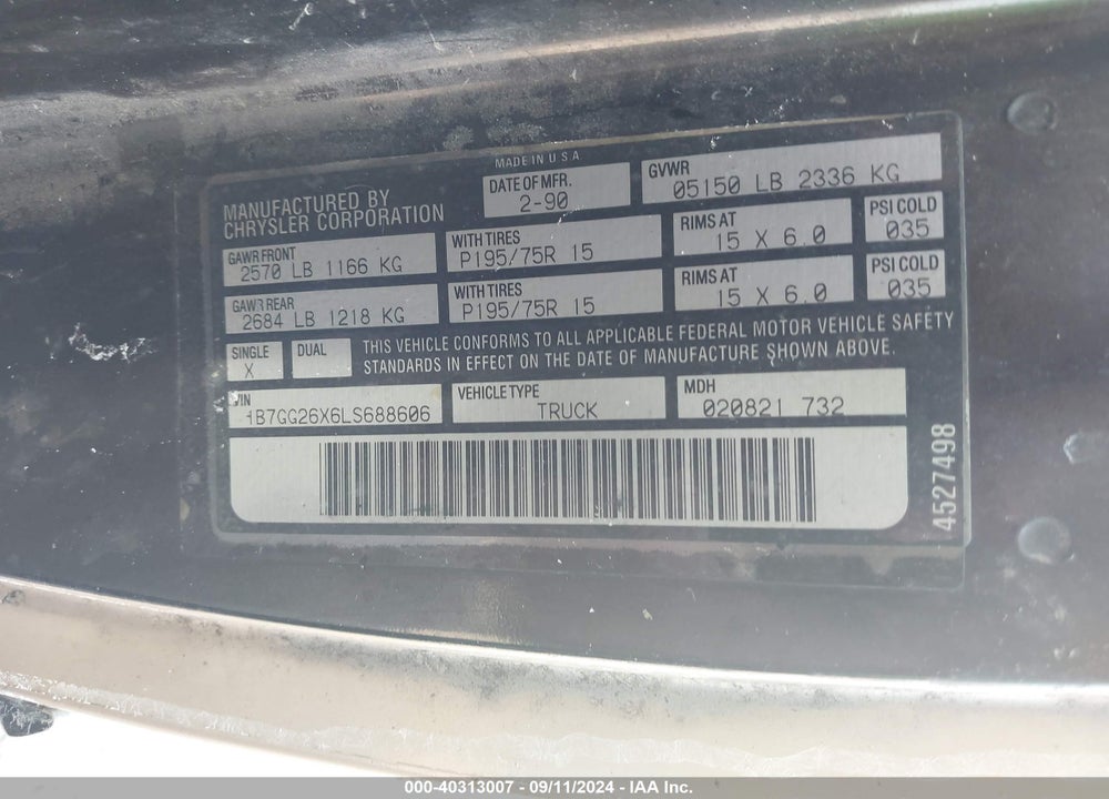 1990 DODGE DAKOTA VIN: 1B7GG26X6LS688606