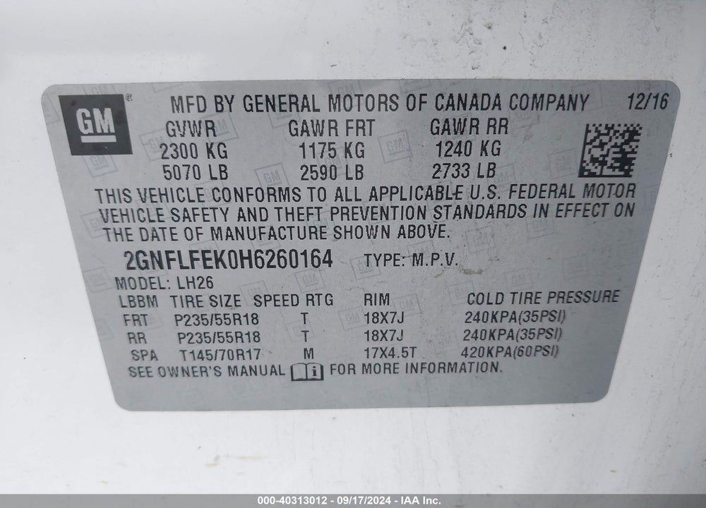2017 CHEVROLET EQUINOX LT VIN: 2GNFLFEK0H6260164