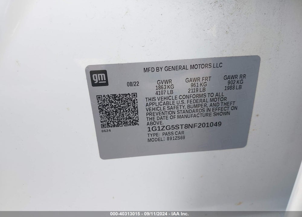 2022 CHEVROLET MALIBU FWD RS VIN: 1G1ZG5ST8NF201049