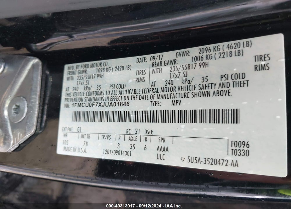 2018 FORD ESCAPE S VIN: 1FMCU0F7XJUA01846