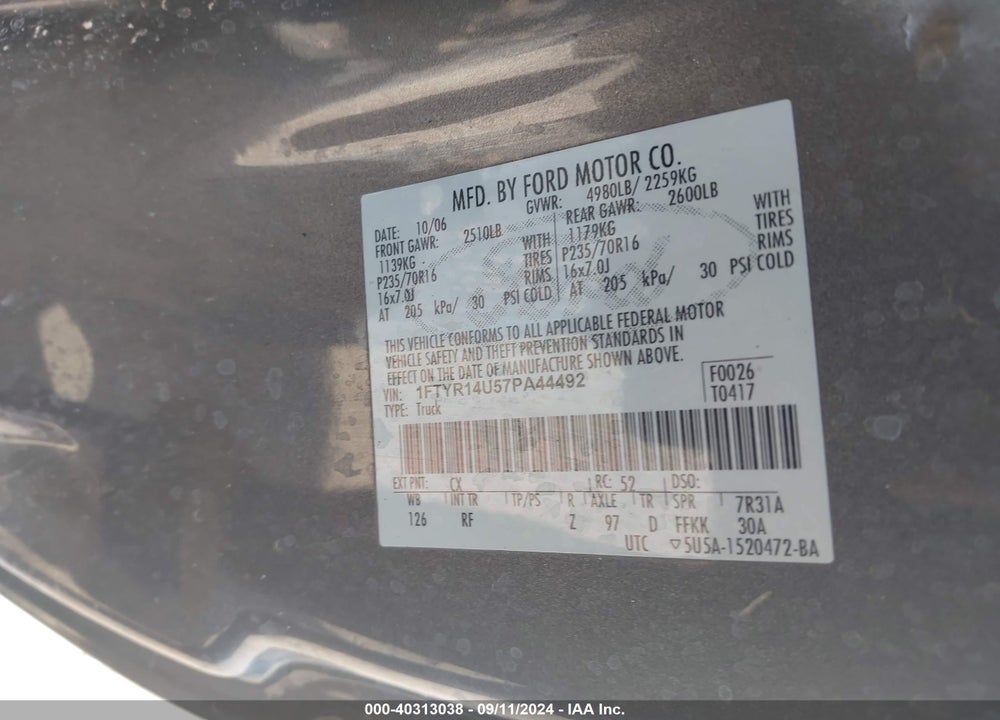 2007 FORD RANGER VIN: 1FTYR14U57PA44492