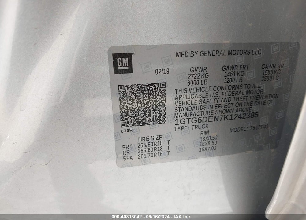 2019 GMC CANYON VIN: 1GTG6DEN7K1242385