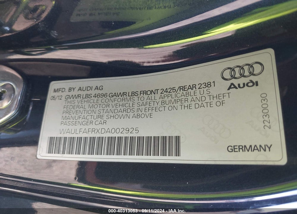 2013 AUDI A5 2.0T PREMIUM VIN: WAULFAFRXDA002925