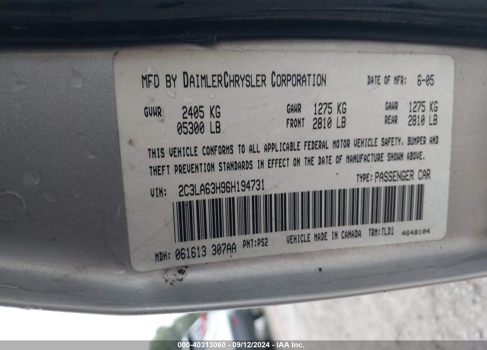 2006 CHRYSLER 300C VIN: 2C3LA63H96H194731