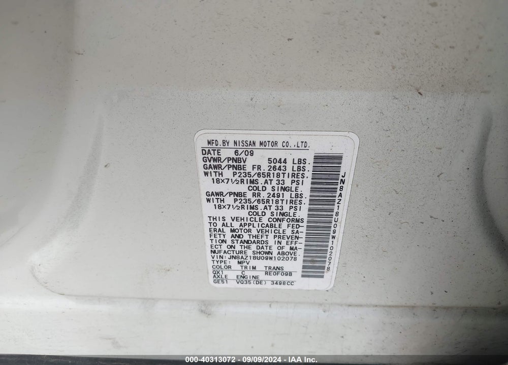 2009 NISSAN MURANO S VIN: JN8AZ18U09W102078