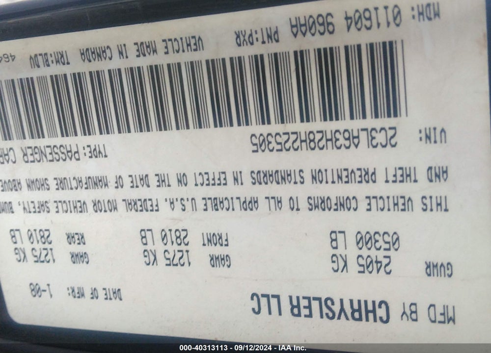 2008 CHRYSLER 300C HEMI VIN: 2C3LA63H28H225305