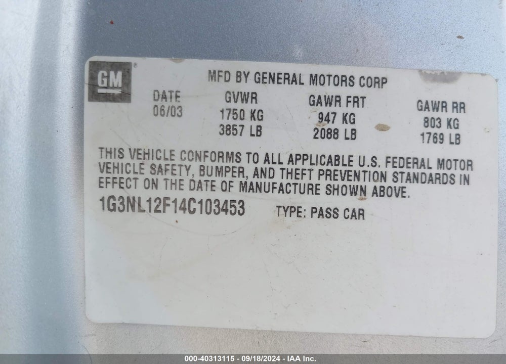2004 OLDSMOBILE ALERO GL1 VIN: 1G3NL12F14C103453