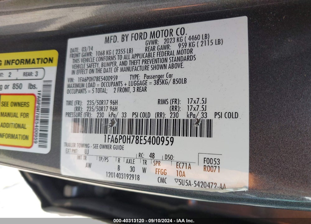 2014 FORD FUSION SE VIN: 1FA6P0H78E5400959