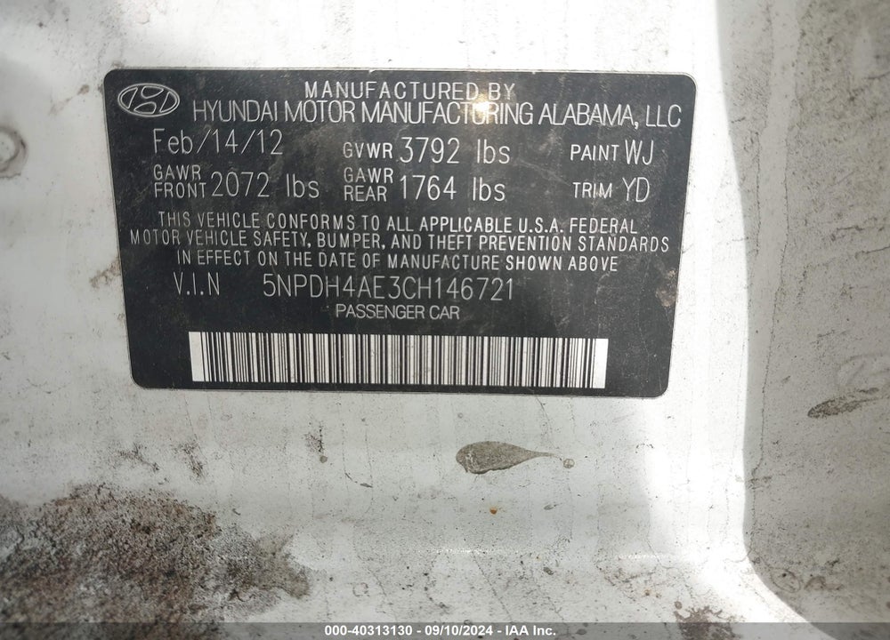 2012 HYUNDAI ELANTRA GLS VIN: 5NPDH4AE3CH146721