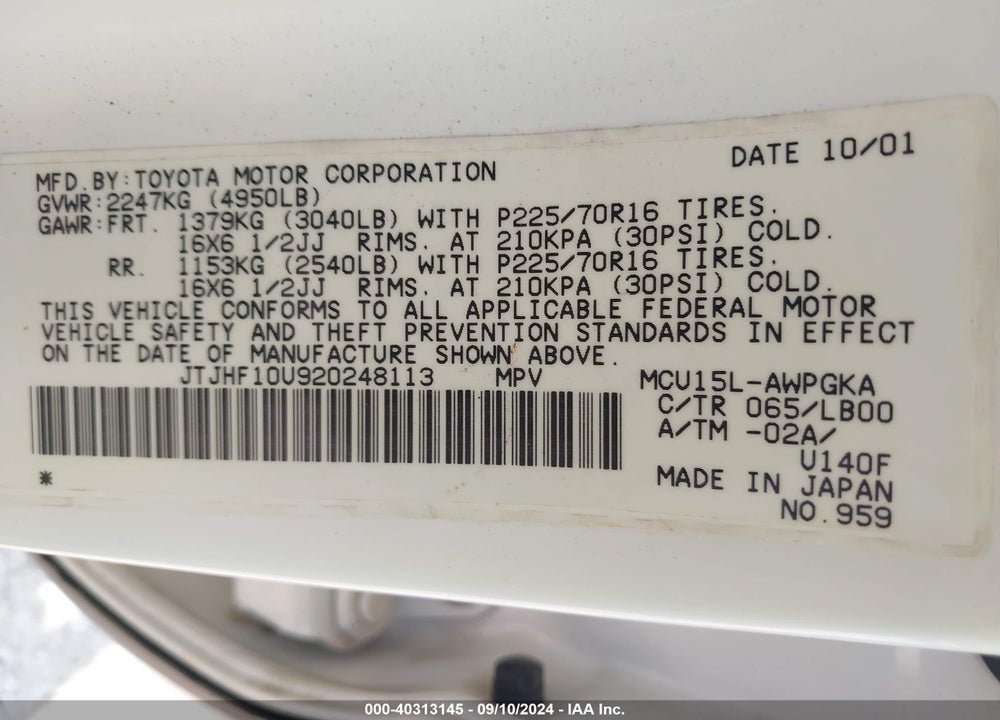 2002 LEXUS RX 300 VIN: JTJHF10U920248113