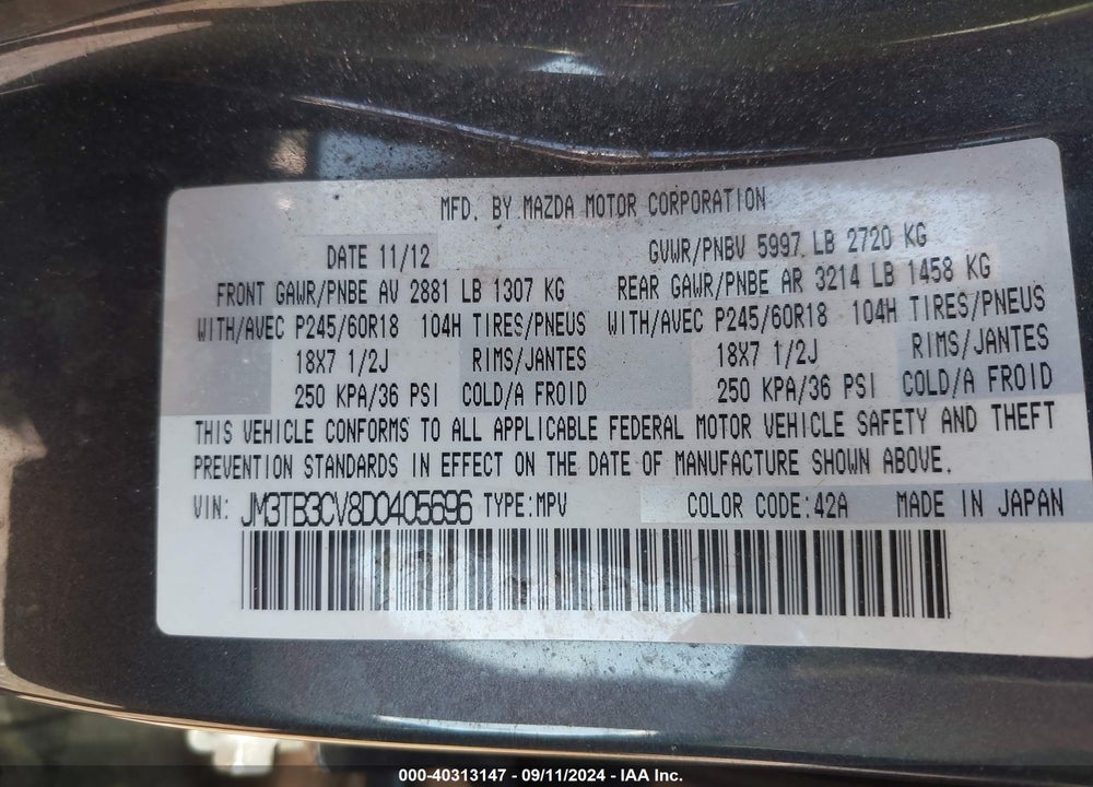 2013 MAZDA CX-9 TOURING VIN: JM3TB3CV8D0405696
