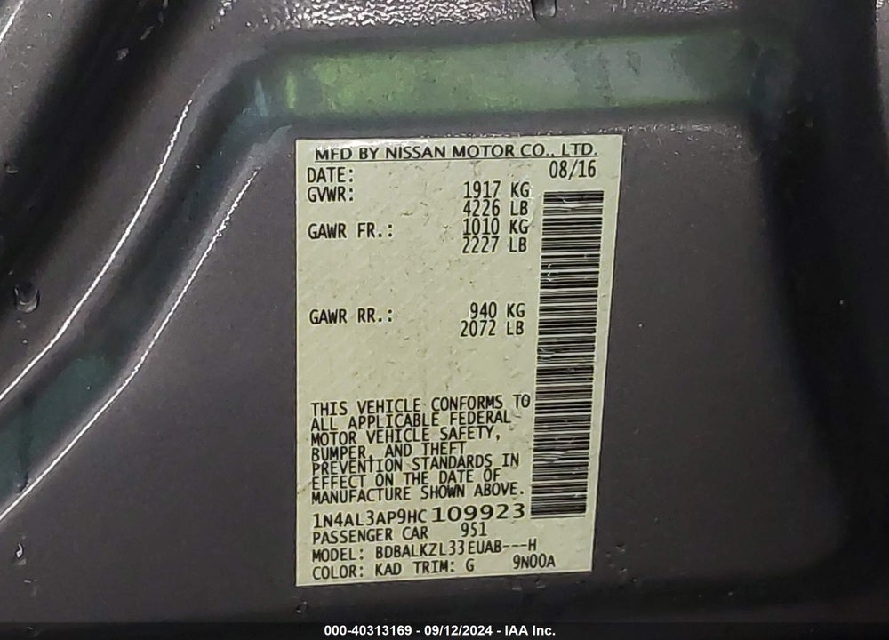 2017 NISSAN ALTIMA 2.5 SV VIN: 1N4AL3AP9HC109923