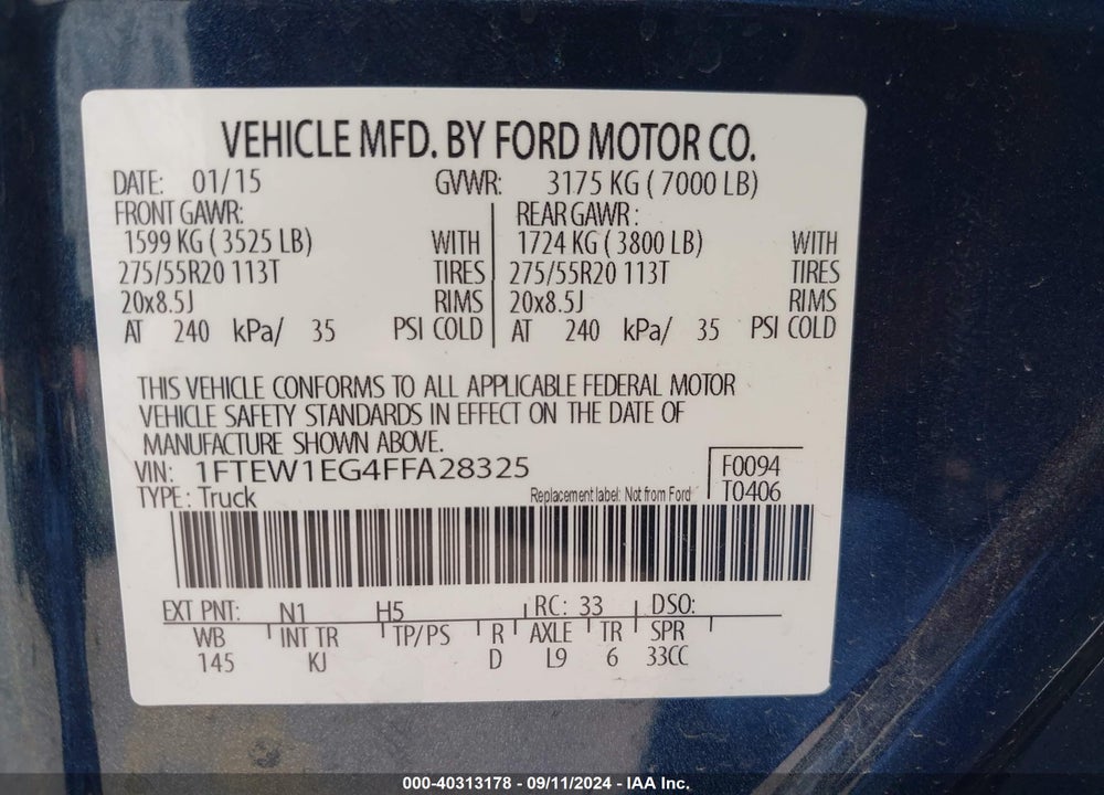 2015 FORD F-150 KING RANCH VIN: 1FTEW1EG4FFA28325
