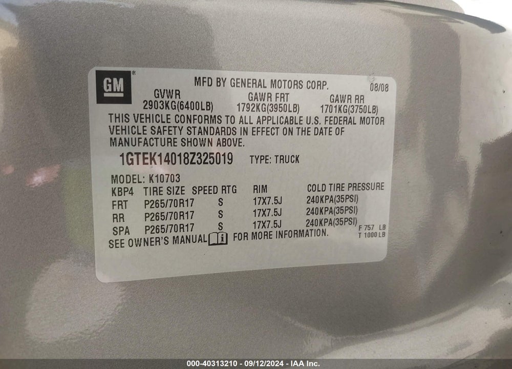 2008 GMC SIERRA 1500 WORK TRUCK VIN: 1GTEK14018Z325019