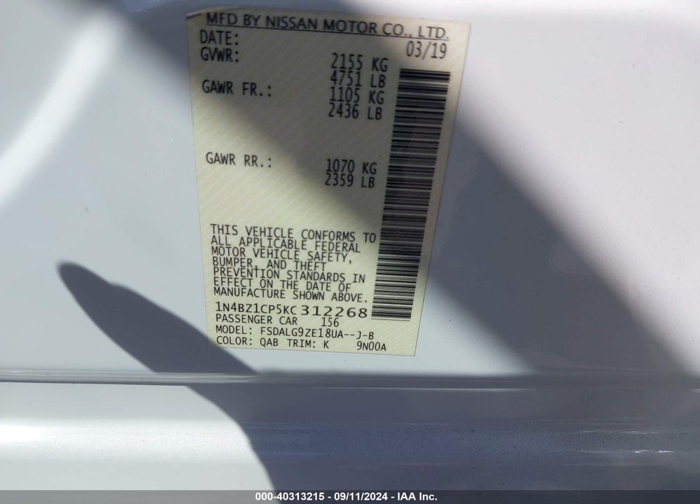 2019 NISSAN LEAF SL PLUS VIN: 1N4BZ1CP5KC312268