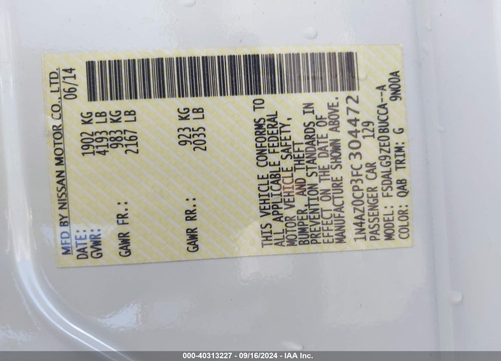 2015 NISSAN LEAF SL VIN: 1N4AZ0CP3FC304472