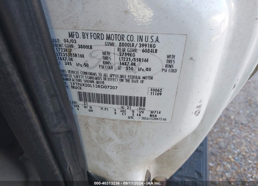 2003 FORD F-250 VIN: 1FTNX20L13ED07207