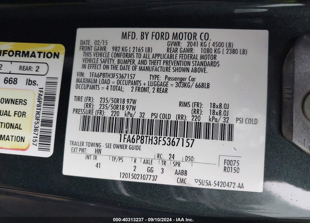 2015 FORD MUSTANG ECOBOOST VIN: 1FA6P8TH3F5367157