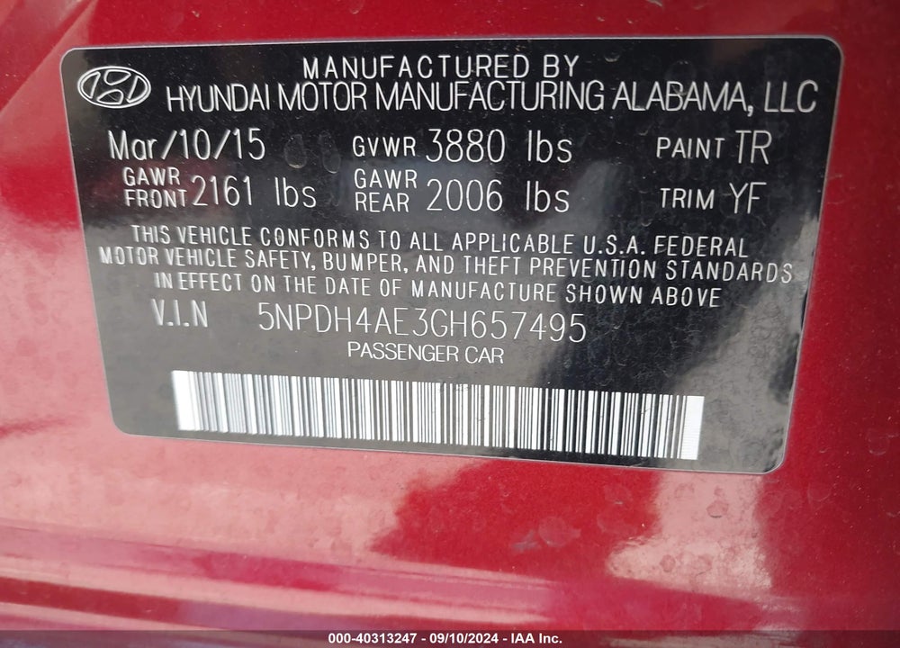 2016 HYUNDAI ELANTRA SE VIN: 5NPDH4AE3GH657495