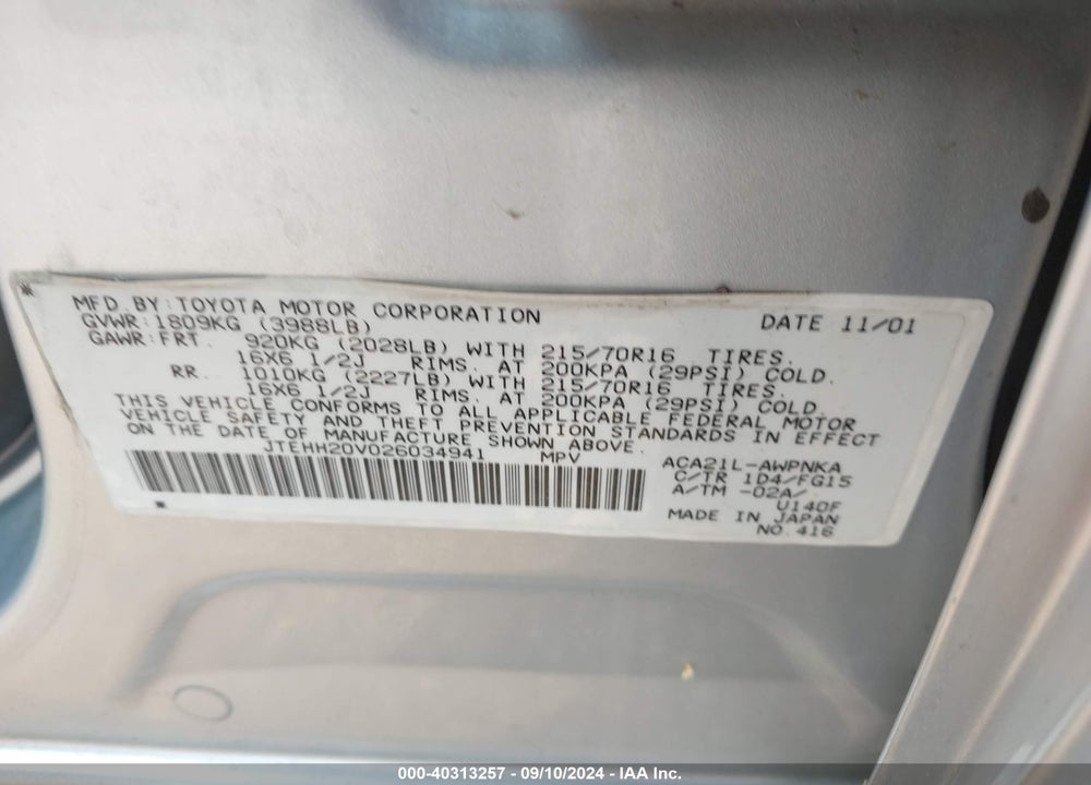 2002 TOYOTA RAV4 VIN: JTEHH20V026034941