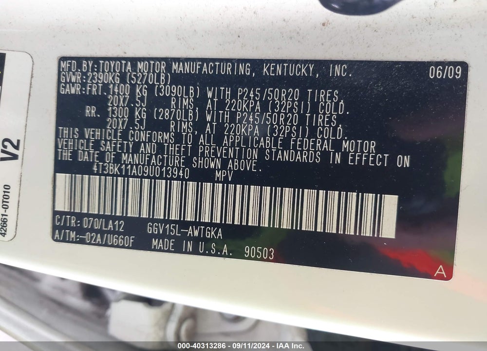 2009 TOYOTA VENZA BASE V6 VIN: 4T3BK11A09U013940