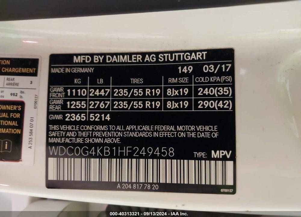 2017 MERCEDES-BENZ GLC 300 4MATIC VIN: WDC0G4KB1HF249458