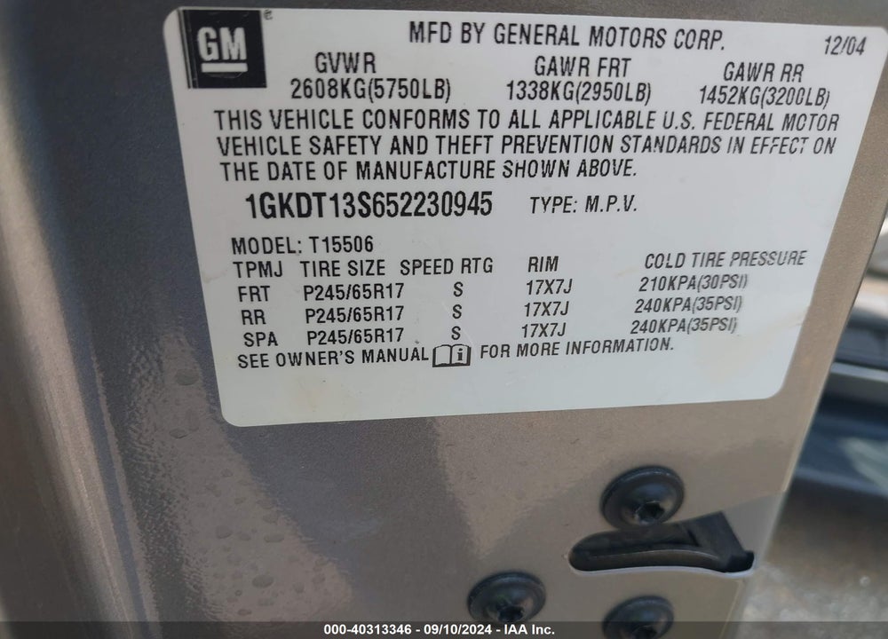 2005 GMC ENVOY SLT VIN: 1GKDT13S652230945