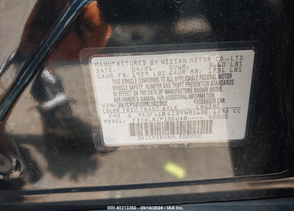 2021 NISSAN KICKS VIN: 3N1CP5BV8ML502202
