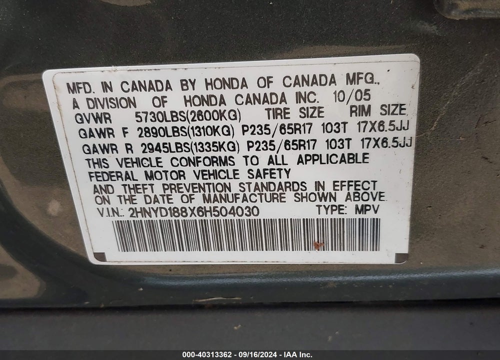 2006 ACURA MDX VIN: 2HNYD188X6H504030